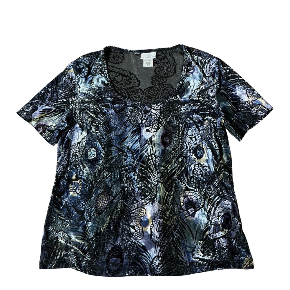 Jaclyn Smith Burnout Velvet Peacock Top Womens S Blue Paisley Scoop Neck